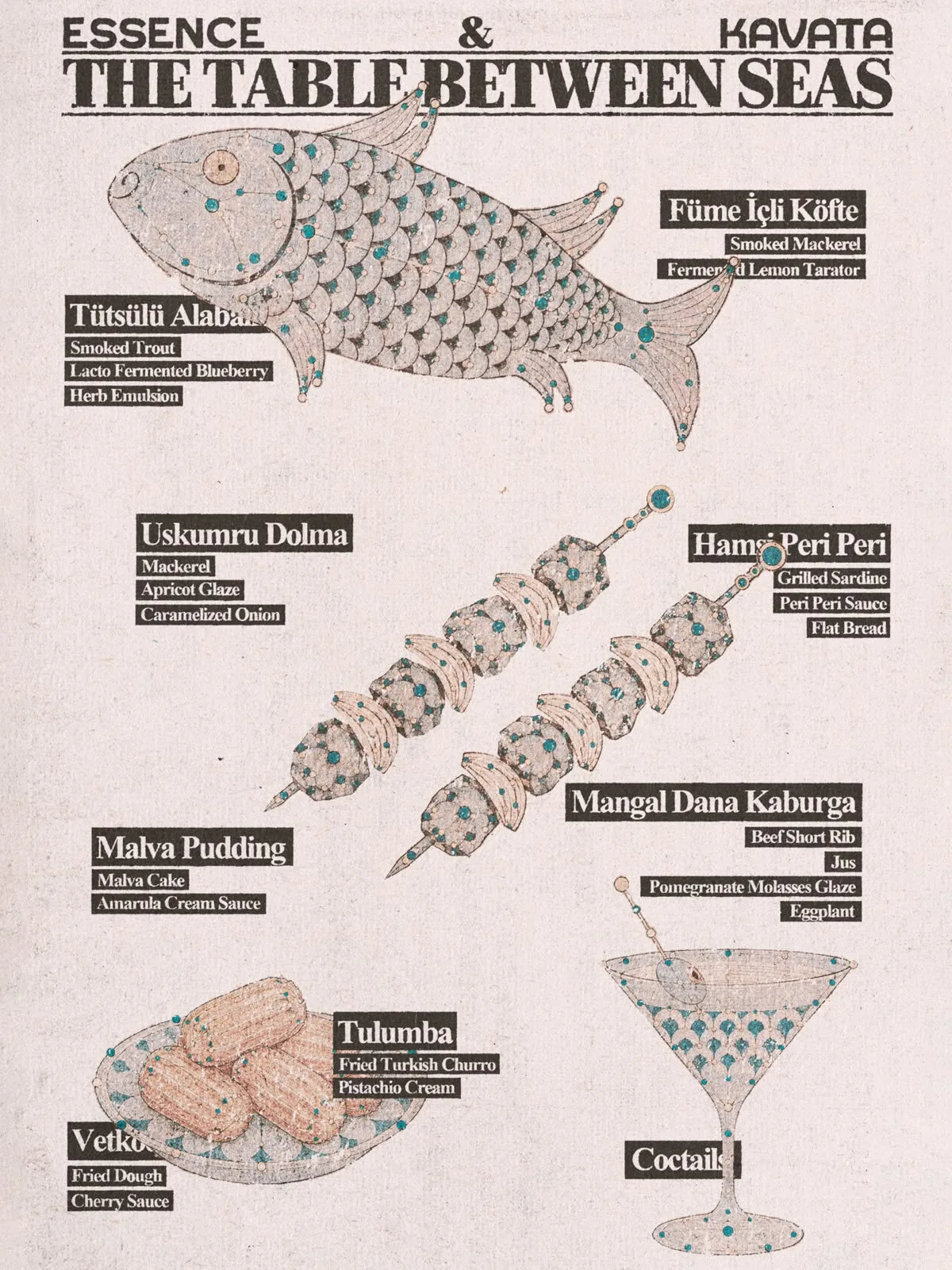 Kavata og Essence event-plakat 'The Table Between Seas' med illustrerede retter: fisk, kebabspyd, tulumba, cocktailglas og menuetiketter