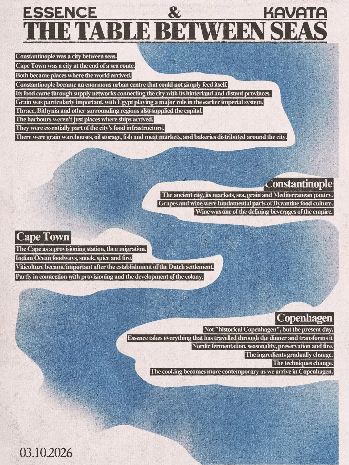 Begivenhedsplakat for Essence og Kavata: 'The Table Between Seas', med blå havformer og tekst om Constantinople, Cape Town og København, dateret 03.10.2026.